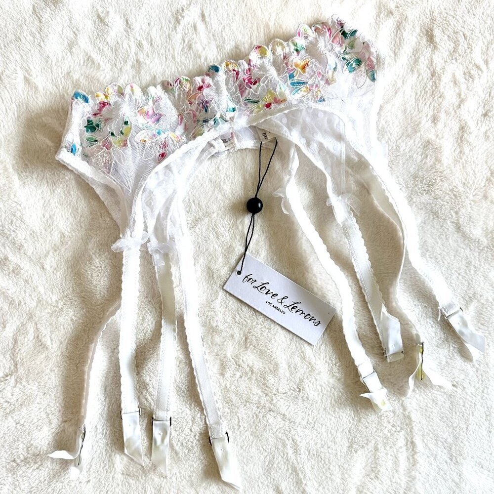 NWT For Love & Lemons White with Rainbow Floral Garter Belt - XXS